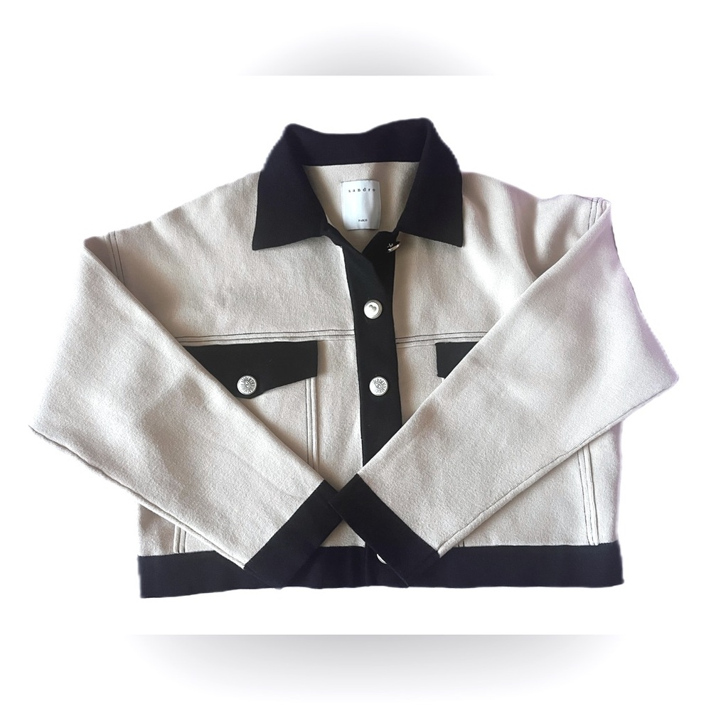 Sandro Paris Women’s Two-tone Coatigan Cher Cropped Contrast-Trim Knit Cardigan - Picture 5 of 5